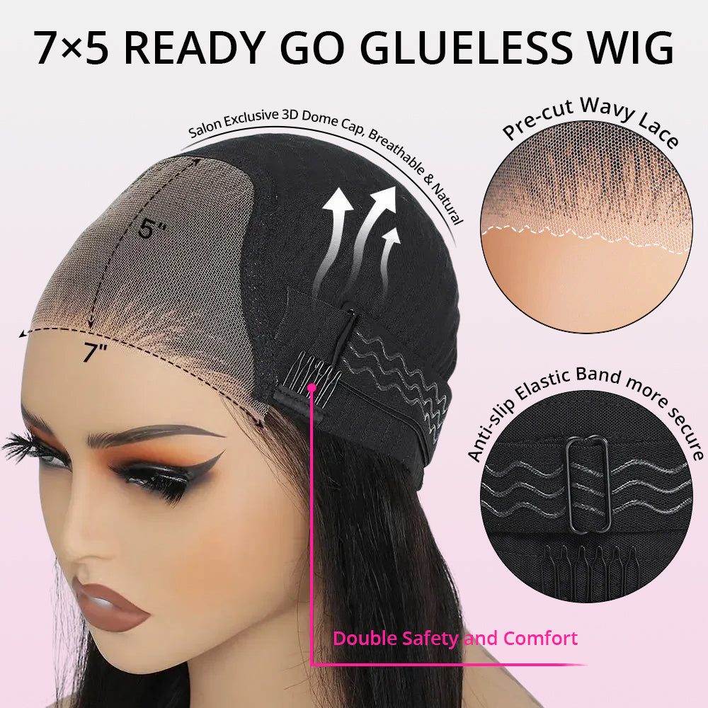 Zlike 7x5 Glueless Lace Human Hair Wigs Sleek Swoop Bangs Face-Framing Layered Bob Blowout