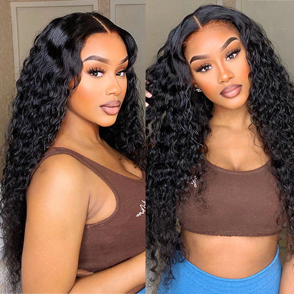 Natural Black Water Wave Transparent Lace Wig 100% Human Hair Wigs With Baby Hair