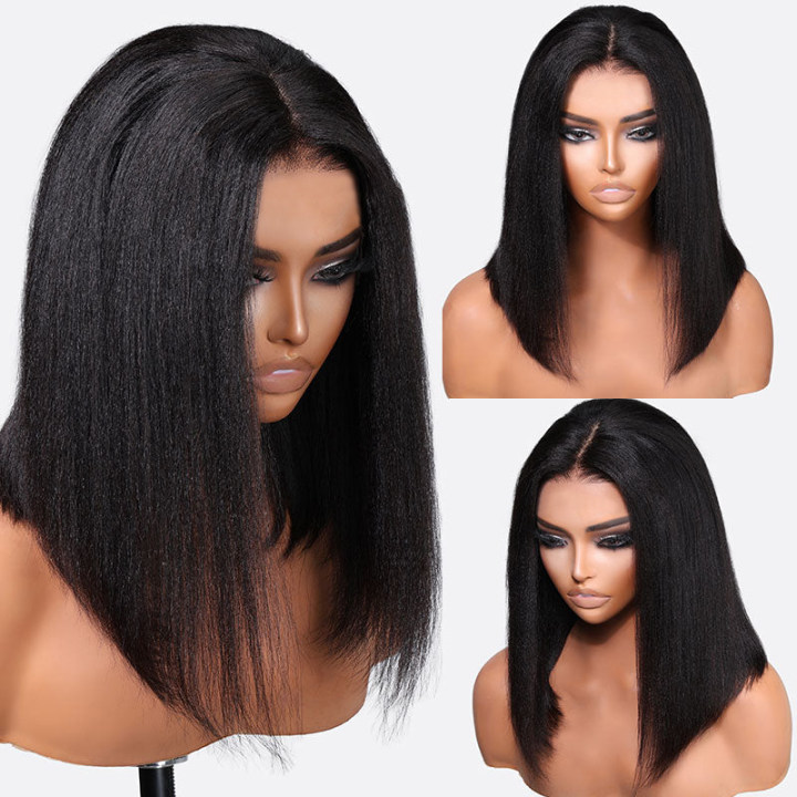Zlike Yaki Straight Bob Pre Cut Lace Closure Wigs Human Hair Put On and Go Glueless wigs
