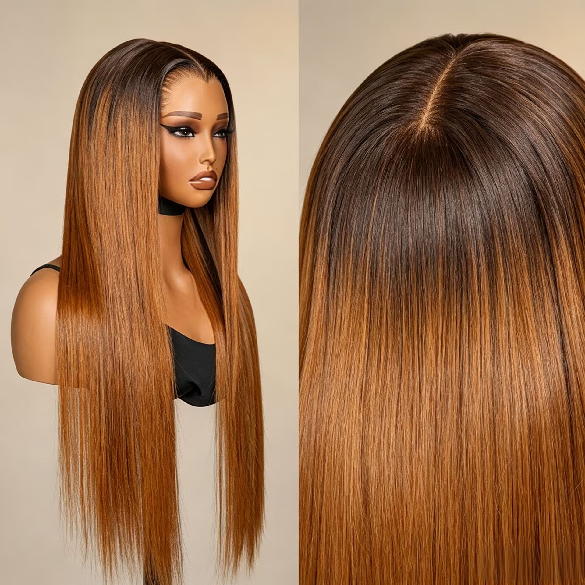 Zlike Dark Brown Root Copper Orange Highlight Human Hair Wig 13x6 Lace Front Wig