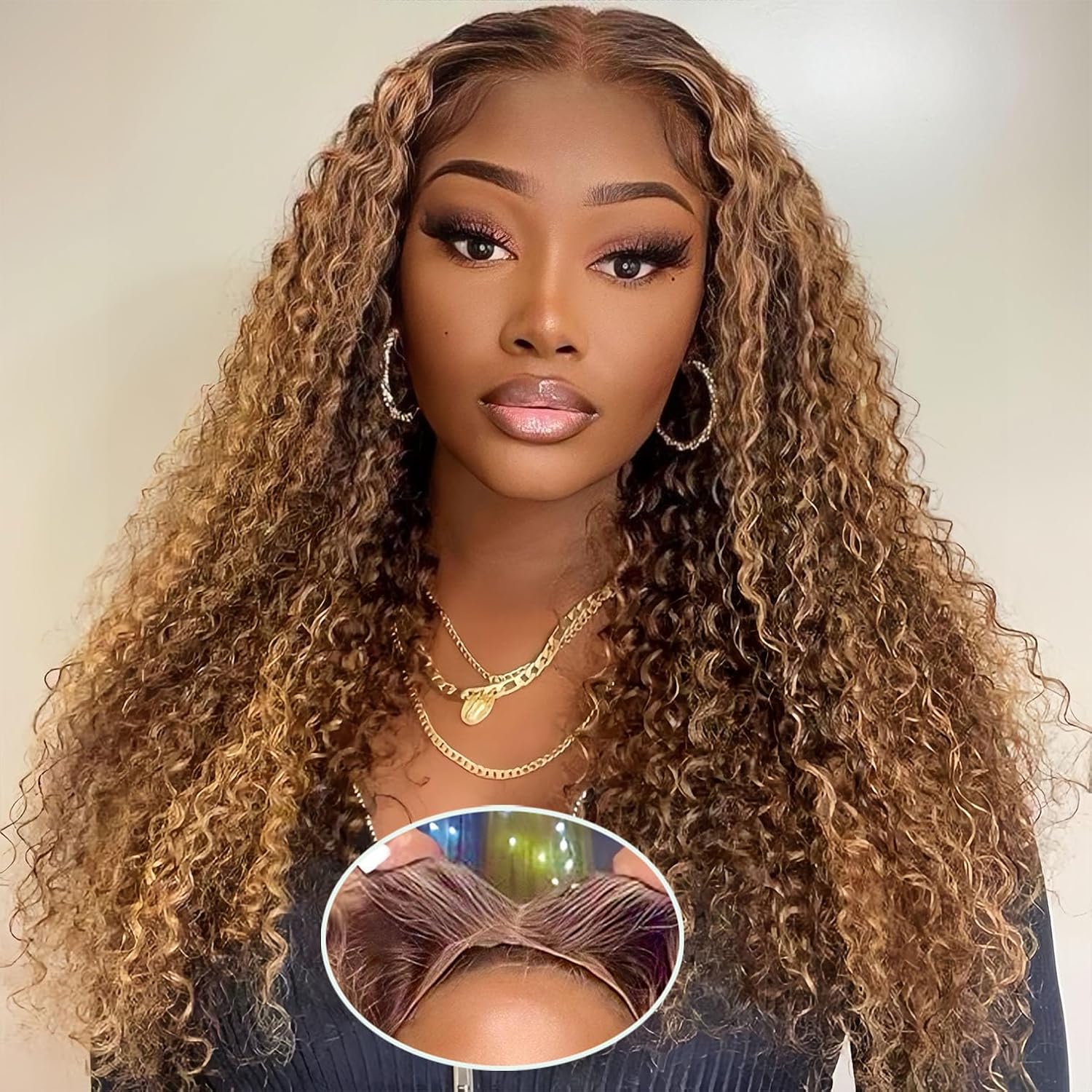 Pre Plucked Honey Blonde Highlights P4/27 Colored Kinky Curly Transparent Lace Human Hair Wigs