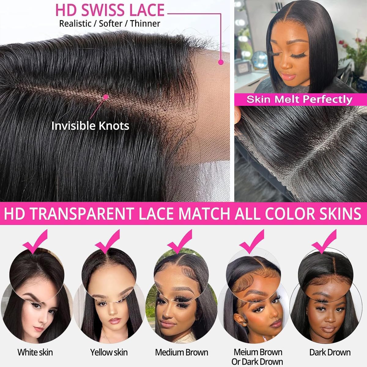 Glueless Short Bob Silky Straight 5x5 HD Lace Closure Wig Pre Cut Human Hair Lace Wigs