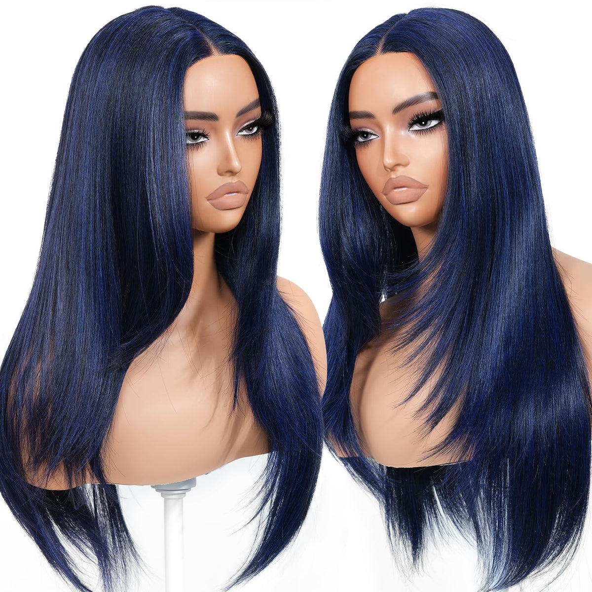 Zlike Dark Blue Wear & Go Glueless Synthetic Lace Front Wig Pre-Cut Pre-Plucked Long Layered Straight Wig
