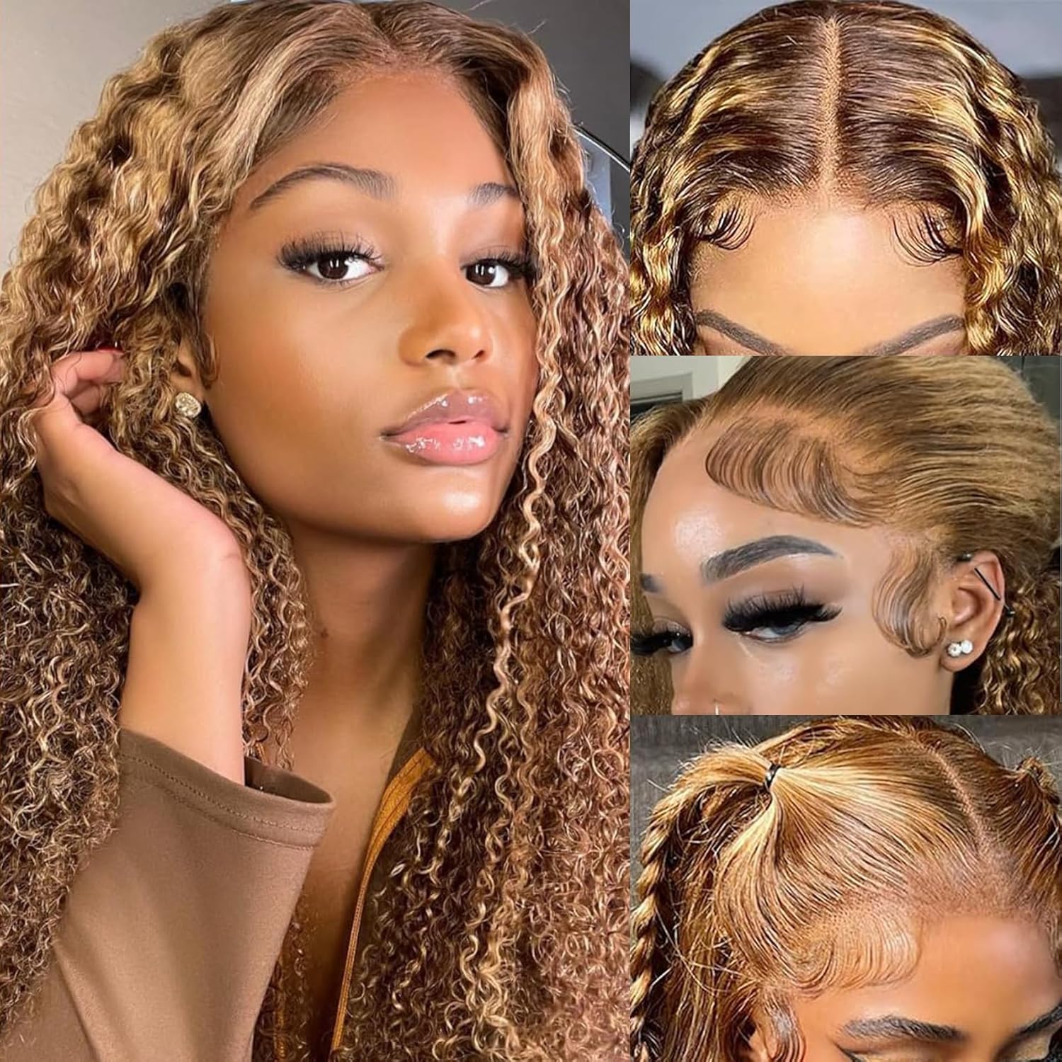 Honey Blonde Highlights #4/27 Colored Curly Transparent Lace 100% Virgin Human Hair Wigs