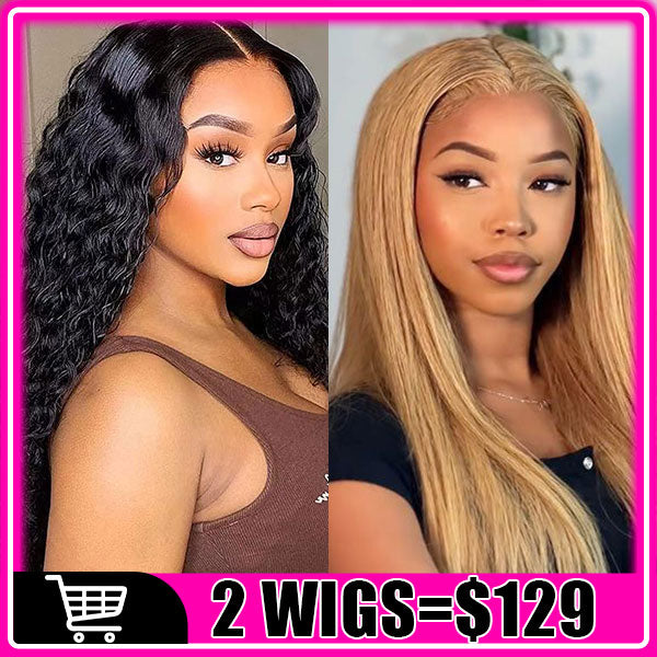 $129/2 Wigs | V Part Glueless Wear & Go Water Wave Wig + 8Inch #27 Honey Blonde Straight Bob 4X4 Lace Closure Wig