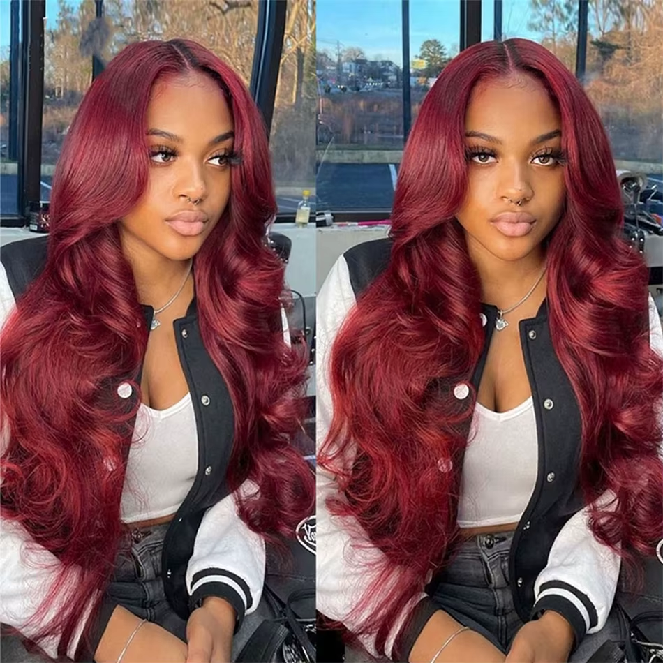 Clearance Sale | Burgundy Red Colored Body Wave 100% Human Hair Transparent Lace Front Wigs