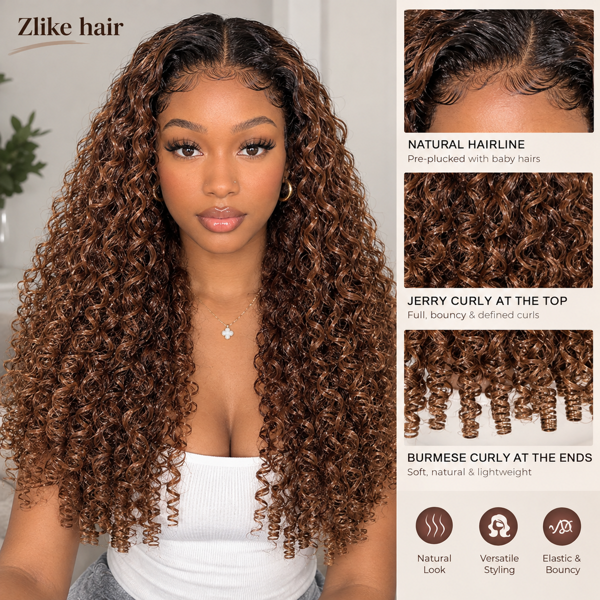 Zlike 13x6 Black Root with Reddish Brown Highlights Jerry Curly with Burmese Curly Human Hair Wig 250% Density Glueless Lace Front Wig