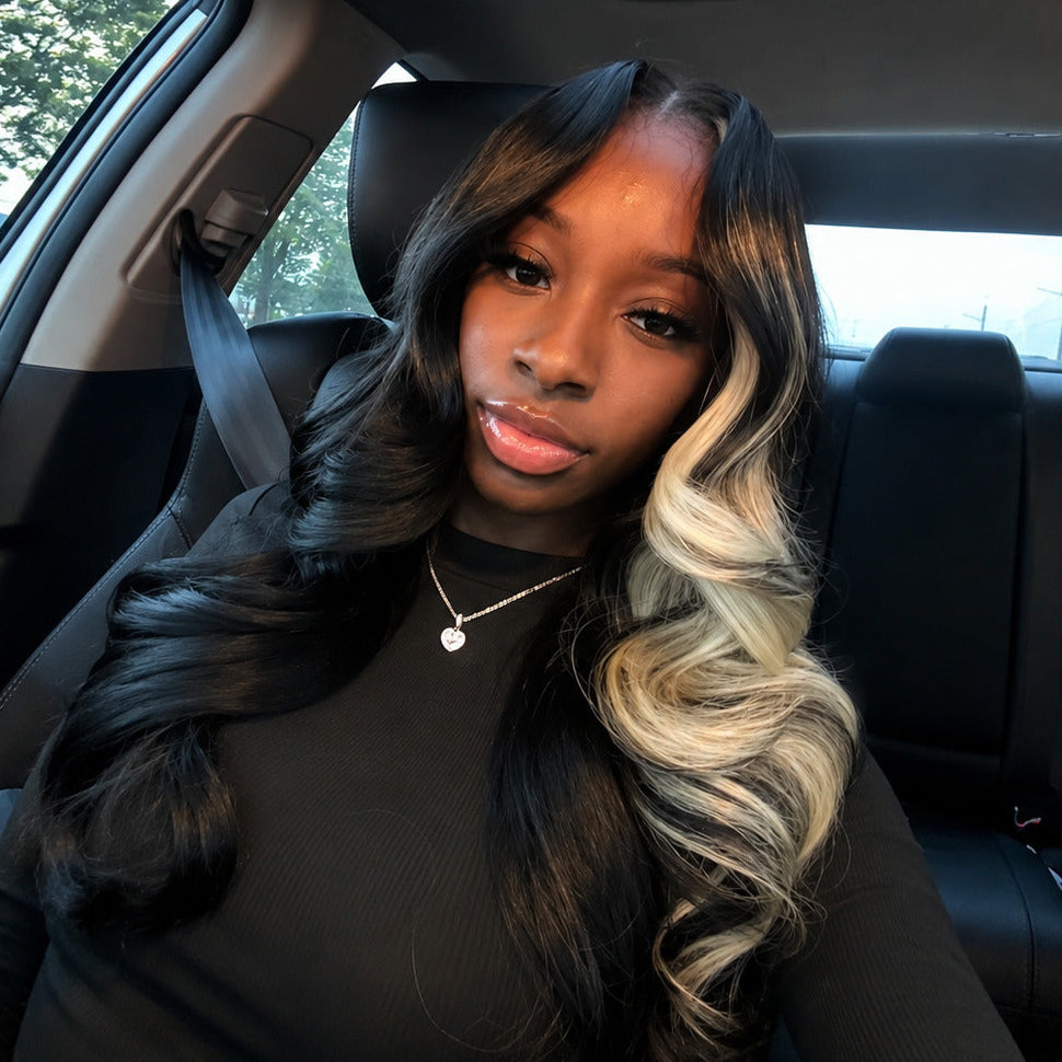 Zlike Layered Cut Body Wave Skunk Stripe Money Piece Blonde Highlight Glueless Human Hair Wigs Pre-Styled Heavy Layers