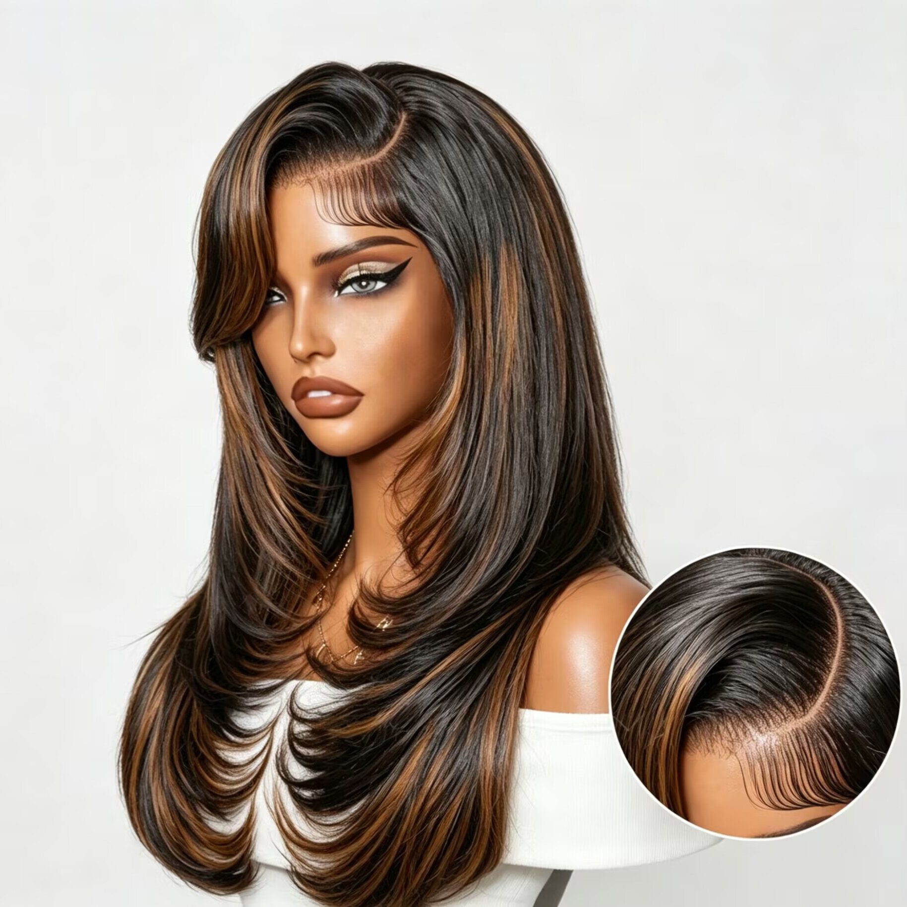 Zlike Brown Highlight Straight Human Hair Wig 7x5 Lace Glueless Wig with Face Framing Layers
