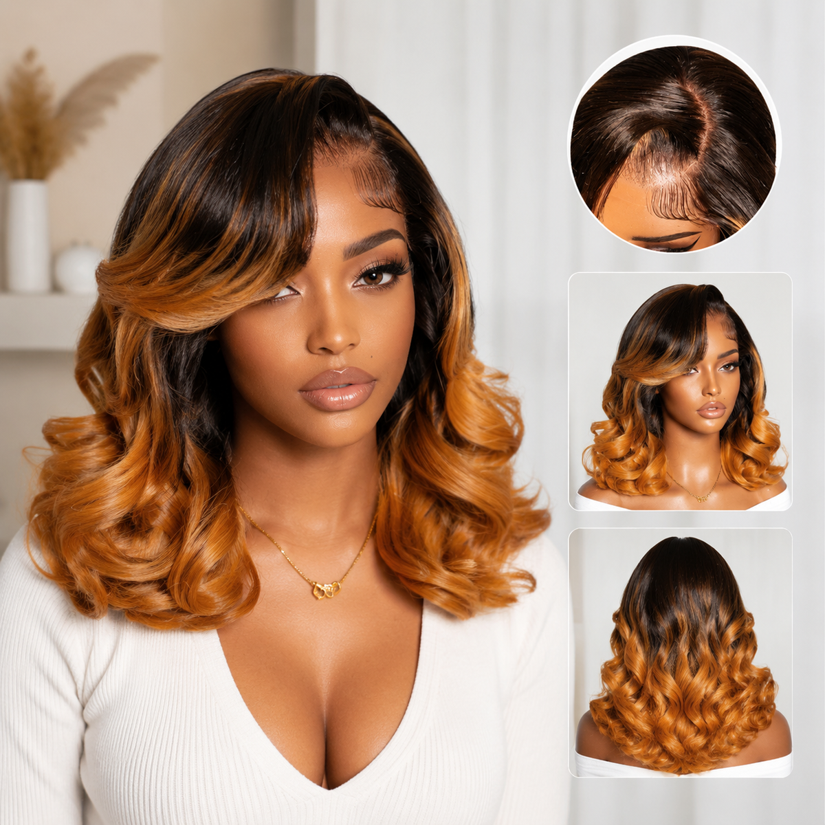 Zlike Brown Root Orange Ombre Glueless Short Bob Wig Pre-Styled Layered Waves Human Hair Wig