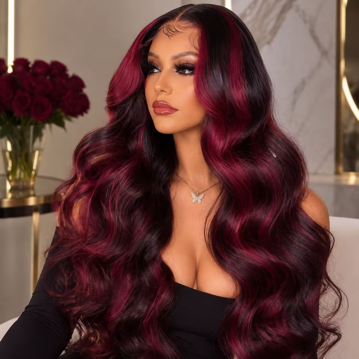 Zlike Pink Highlight 99J Piano Color Body Wave Human Hair Wig 13x6 Lace Front Drawstring Glueless Wig