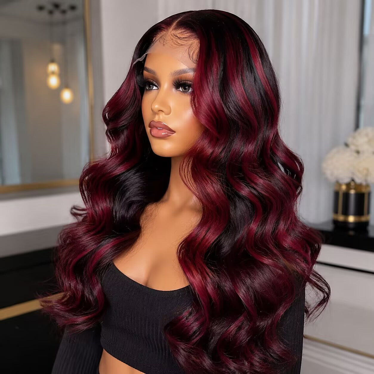 Zlike Pink Highlight 99J Piano Color Body Wave Human Hair Wig 13x6 Lace Front Drawstring Glueless Wig