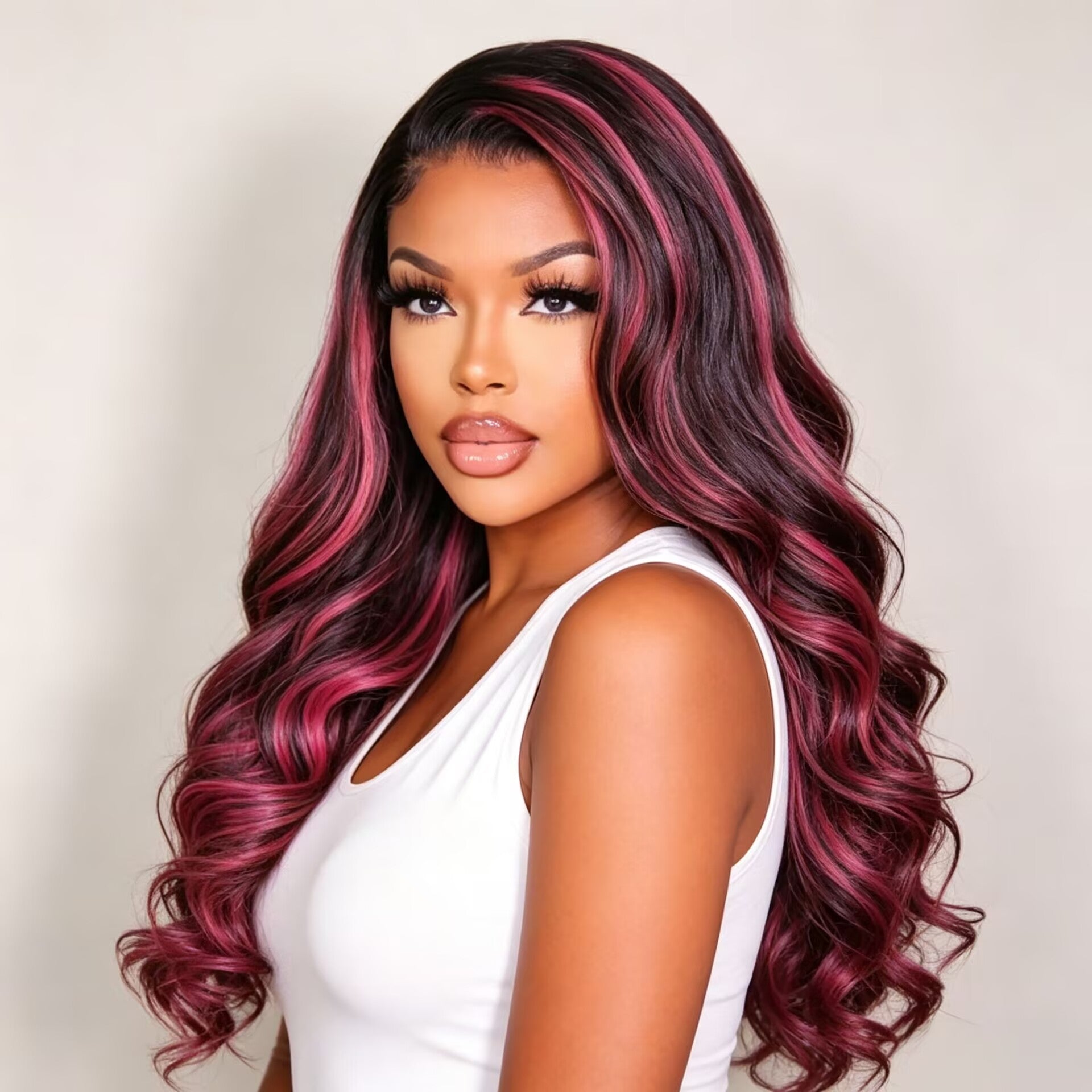 Zlike Pink Highlight 99J Piano Color Body Wave Human Hair Wig 13x6 Lace Front Drawstring Glueless Wig