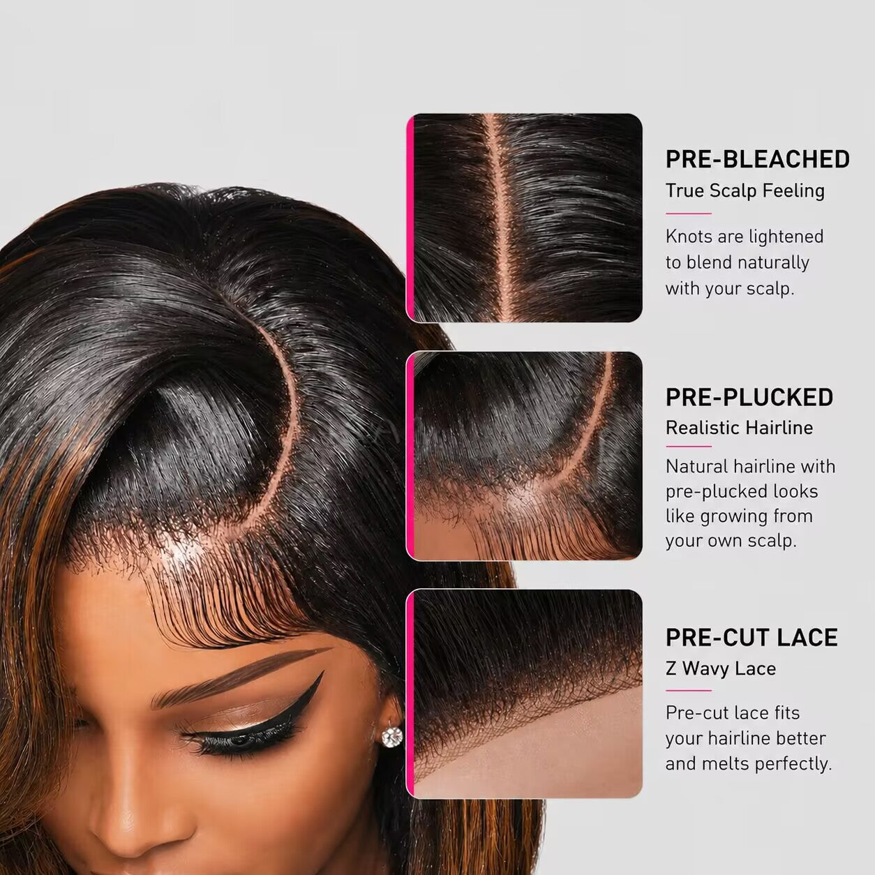 Zlike Brown Highlight Straight Human Hair Wig 7x5 Lace Glueless Wig with Face Framing Layers