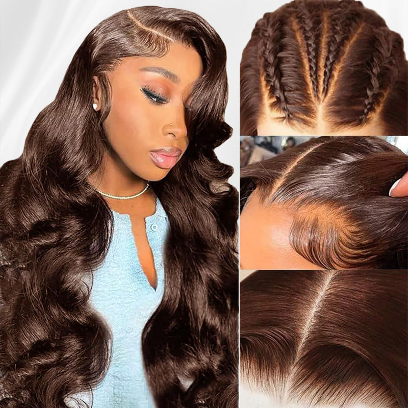 High Density #4 Chocolate Brown Body Wave Lace Front Wig Pre Plucked Human Hair Wigs