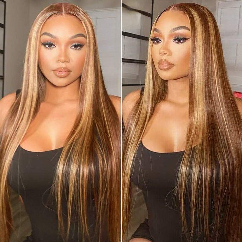 Flash Sale | Honey Blonde Highlight Transparent Lace Front Straight Wigs Long Natural Wave Wigs 100% Human Hair