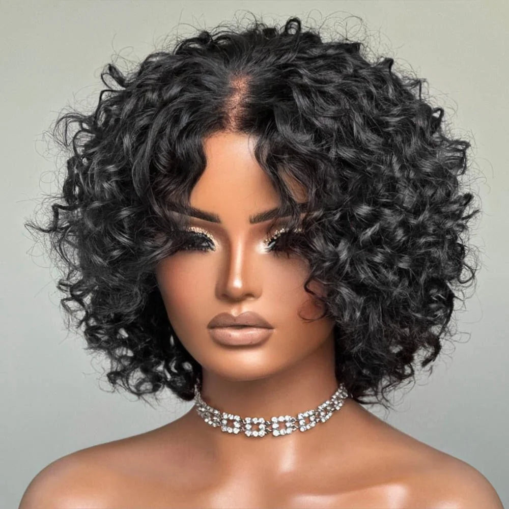 Zlike 250% Density Retro Pixie Curly 7X5 Glueless Lace Human Hair Wig With Bangs