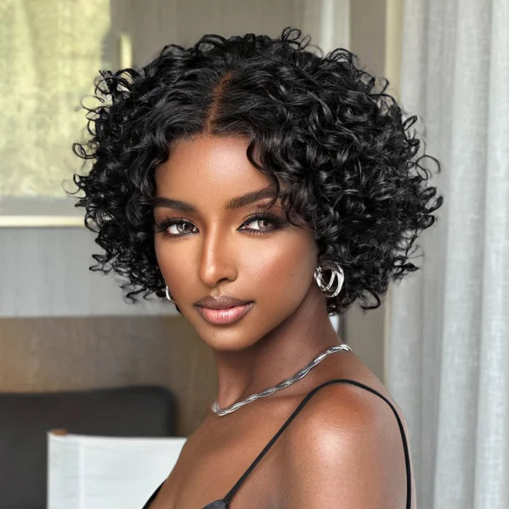 Zlike 250% Density Retro Pixie Curly 7X5 Glueless Lace Human Hair Wig With Bangs
