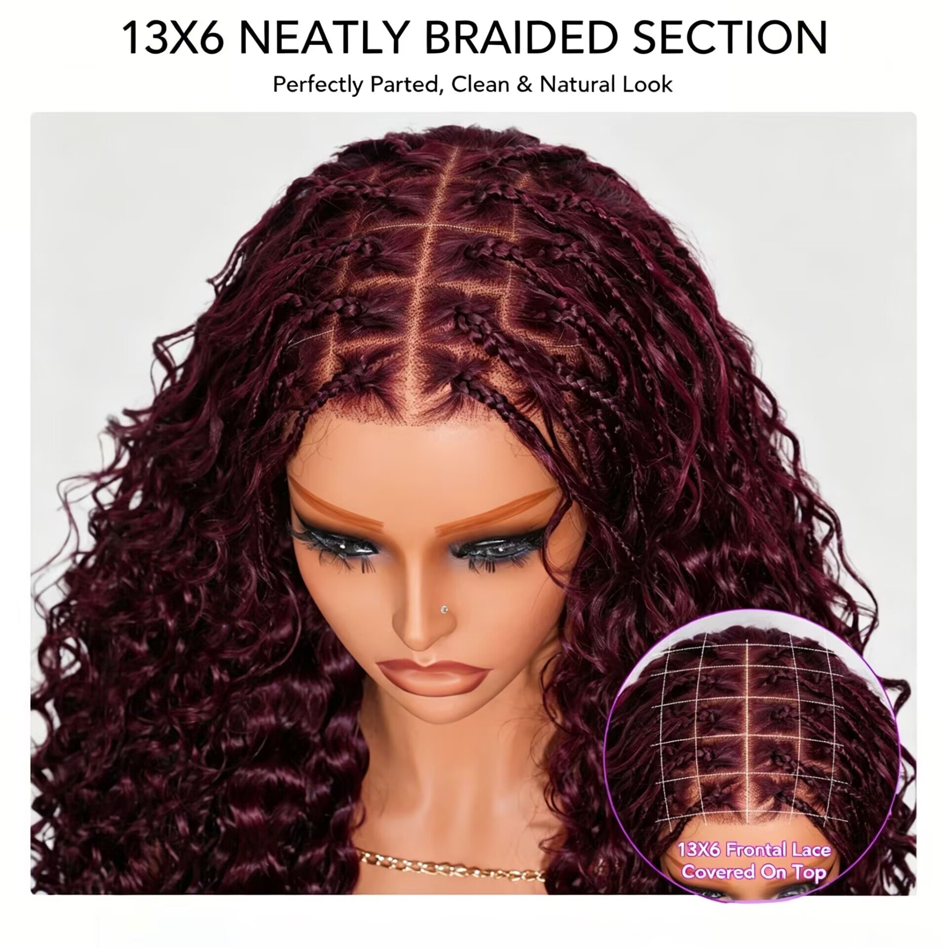 Zlike Black Cherry Boho Braided Water Wave Pre-Cut Lace with Drawstring Wig , 13x6 Lace Front Glueless Human Hair Wig