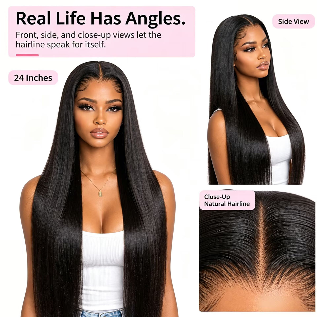 Zlike Lago Hairline M-Shaped Over-Plucked Hairline Silky Straight Human Hair 13×4 Lace Frontal Wig Pre-Cut Lace Natural Looking