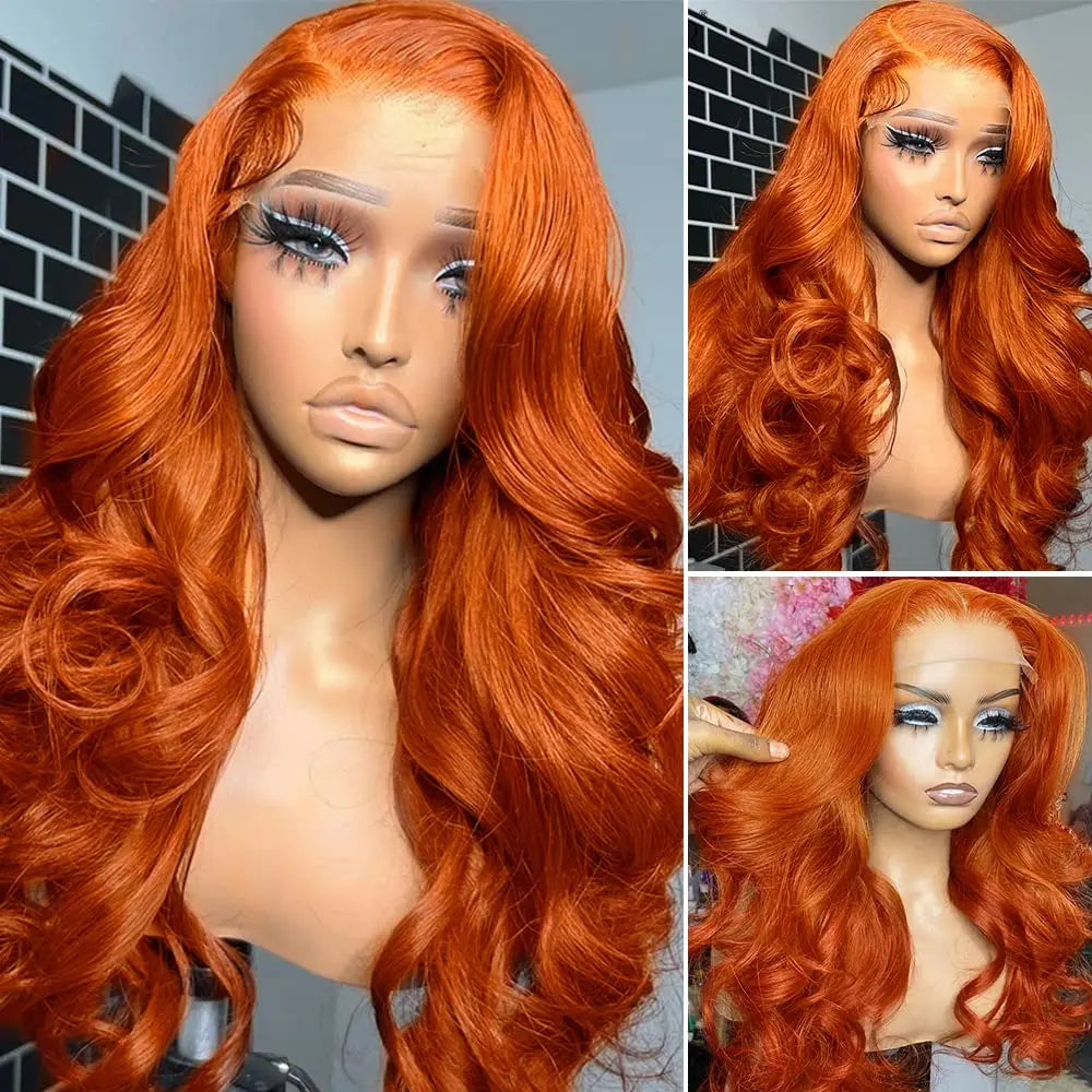 350 Ginger Orange Body Wave Wig Transparent Lace Front Wig High Density Human Hair Wigs