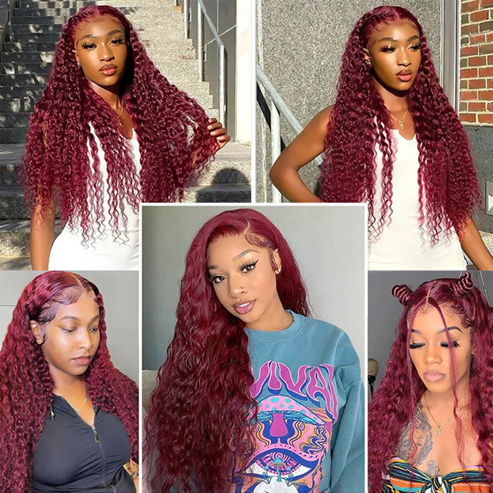 Pre Plucked 99J Burgundy 4x4 Deep Wave Lace Closure Human Hair Wigs Natural Hairline