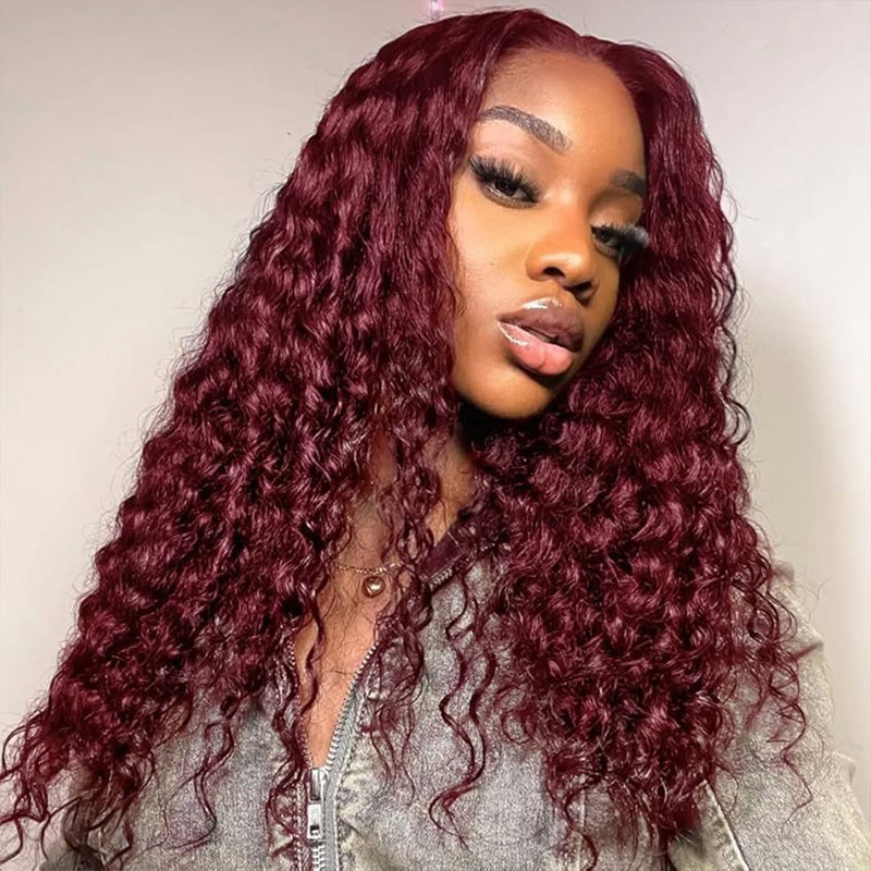 Clearance Sale | 99J Burgundy Red Colored Deep Wave 100% Human Hair Transparent Lace Front Wigs