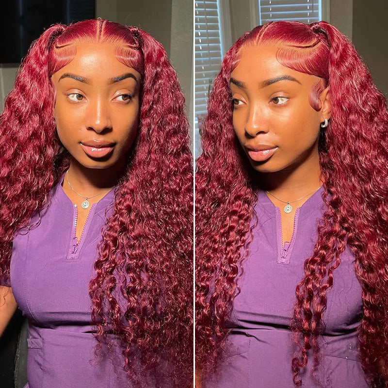 Clearance Sale | 99J Burgundy Red Colored Deep Wave 100% Human Hair Transparent Lace Front Wigs