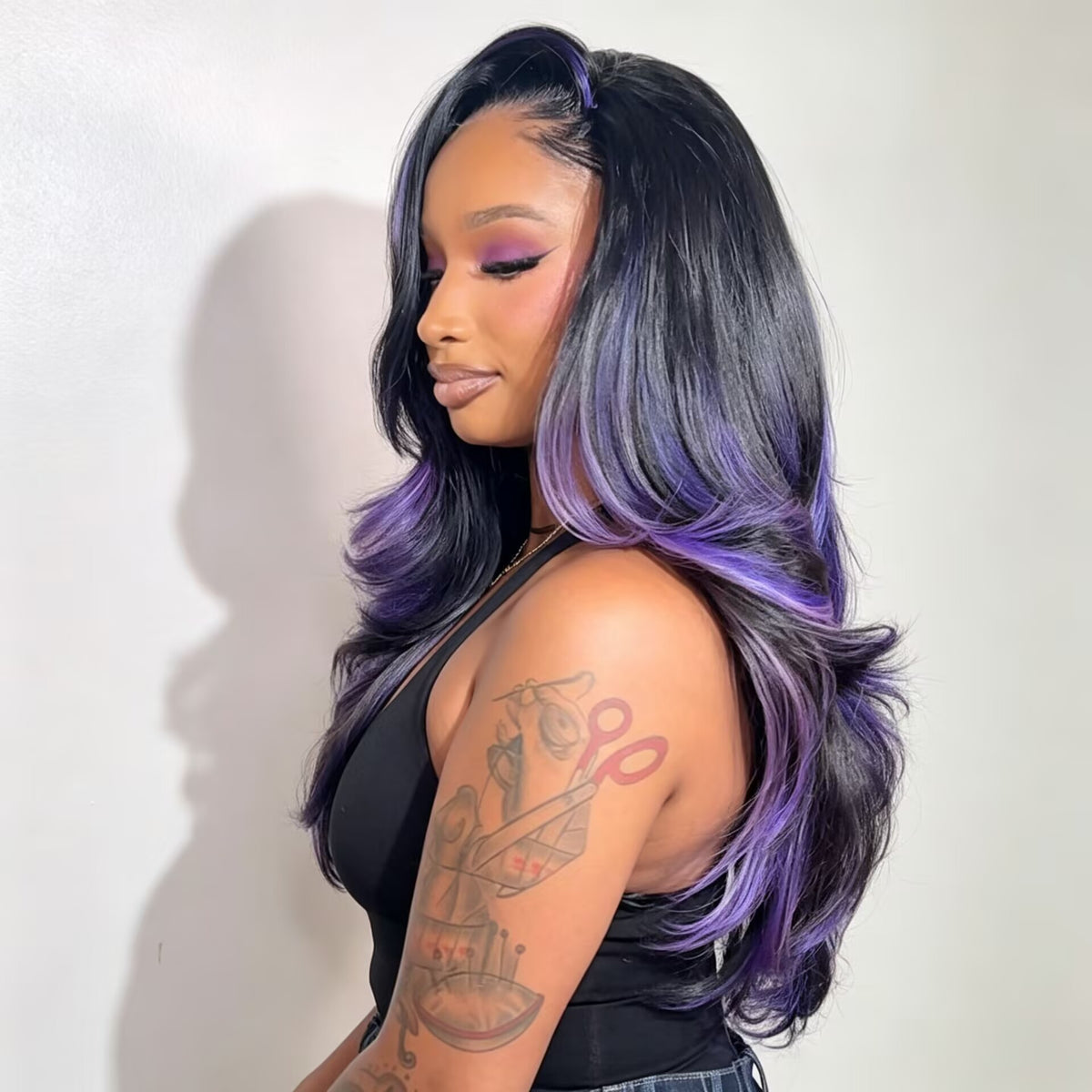 Zlike sapphire black purple Highlight Peacock Curls7x5 Glueless Pull & Go Pre-Styled with Heavy Layers