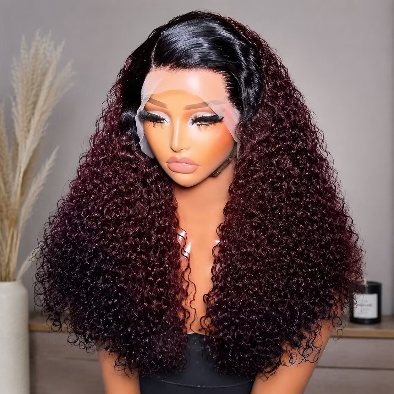 Zlike 300% Density Ombre 99J Burgundy Curly Human Hair Wig Transparent Lace Front Glueless Wig