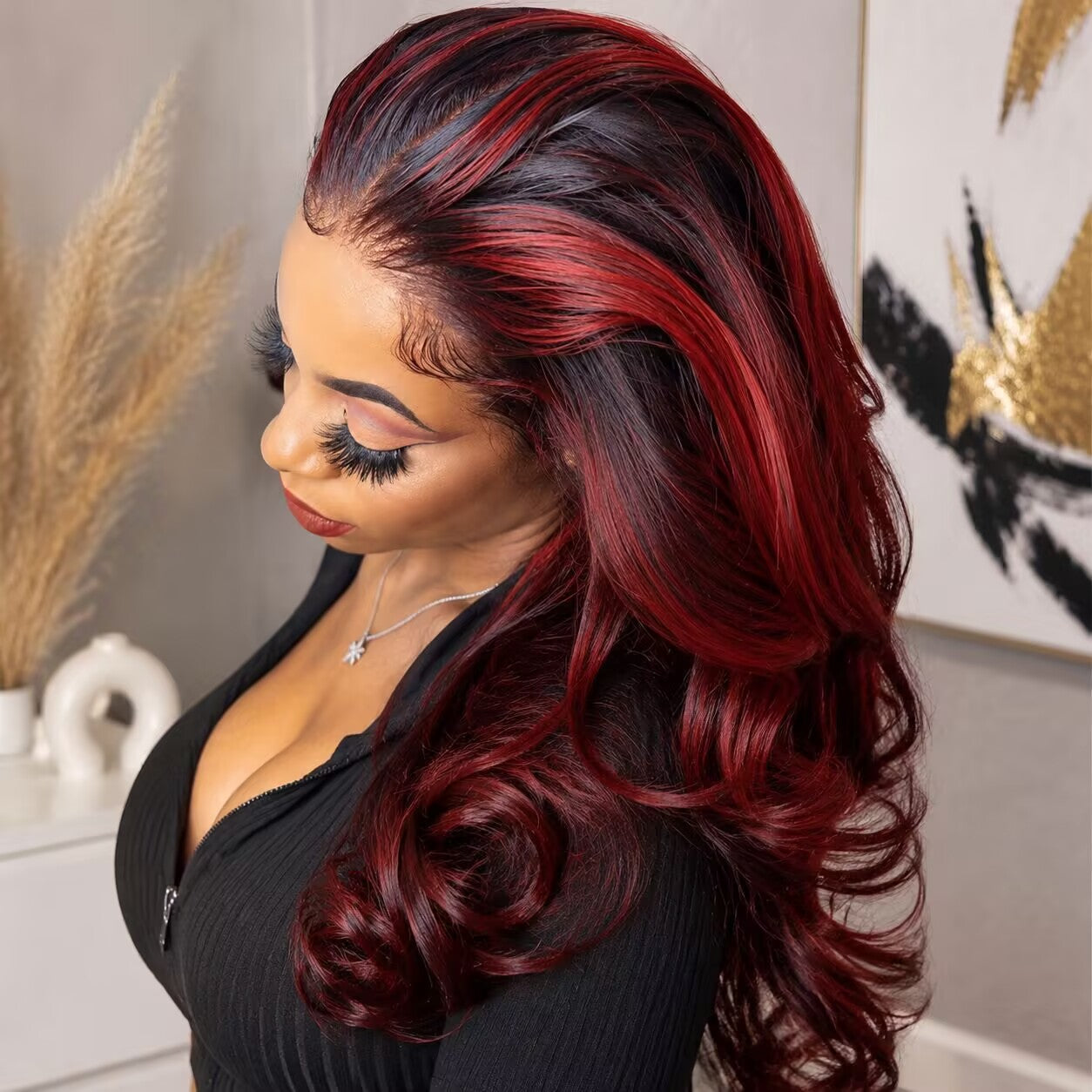 Zlike Pink Highlight 99J Piano Color Body Wave Human Hair Wig 13x6 Lace Front Drawstring Glueless Wig