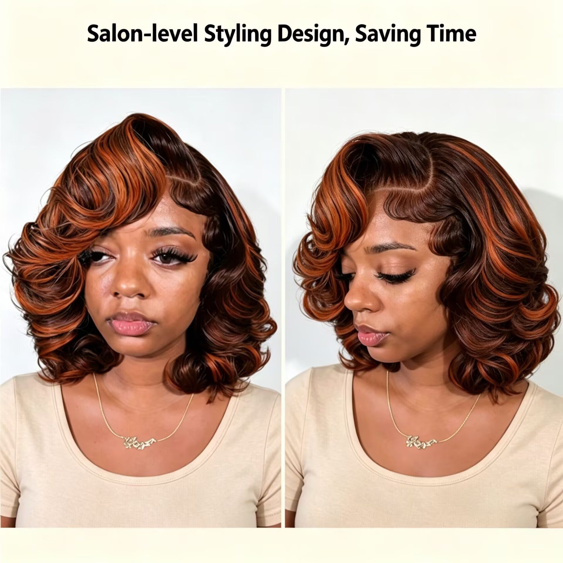 Zlike Ginger Highlight Brown Bob Wig Layer Cut Pre-Styled Body Wave Short Human Hair Wig Transparent Lace Glueless Wig