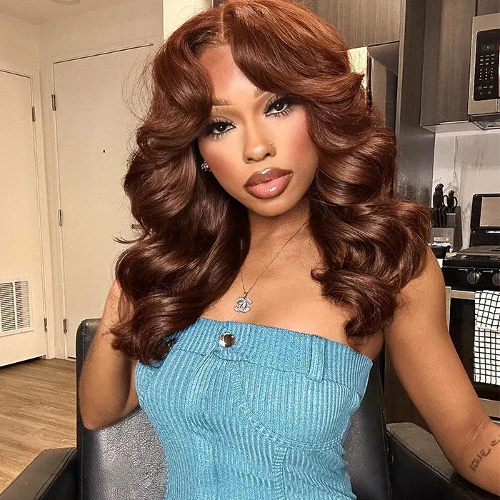 Zlike 300% Density Loose Body Wave Curtain Bangs Layered Cut Brown Colored Glueless Lace front Wig