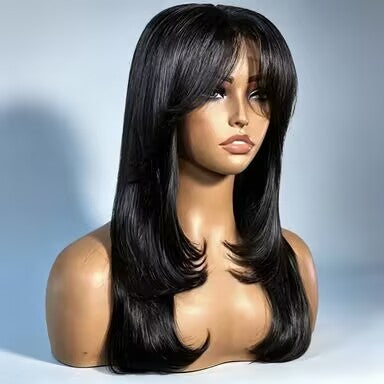 Zlike Layered Straight Curtain Bangs Glueless 13x4 Lace Frontal Wig Pre-Cut Human Hair Wig