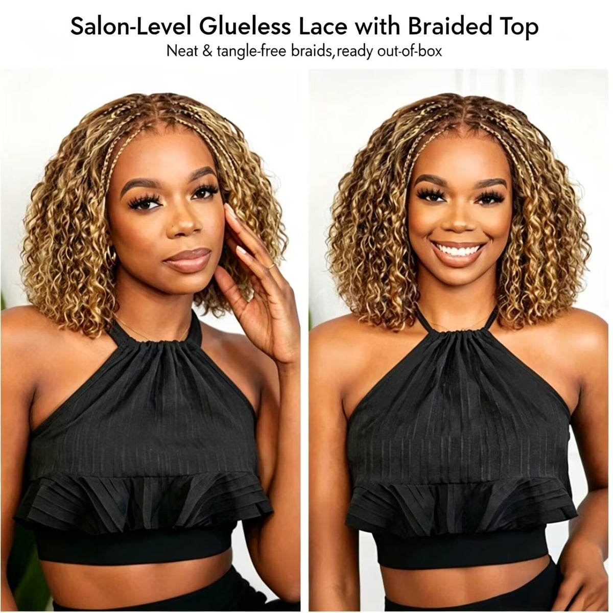 Zlike Boho Braids Blonde Highlight Water Wave Human Hair Wig 7x5 Lace Glueless Pre-Styled Wig