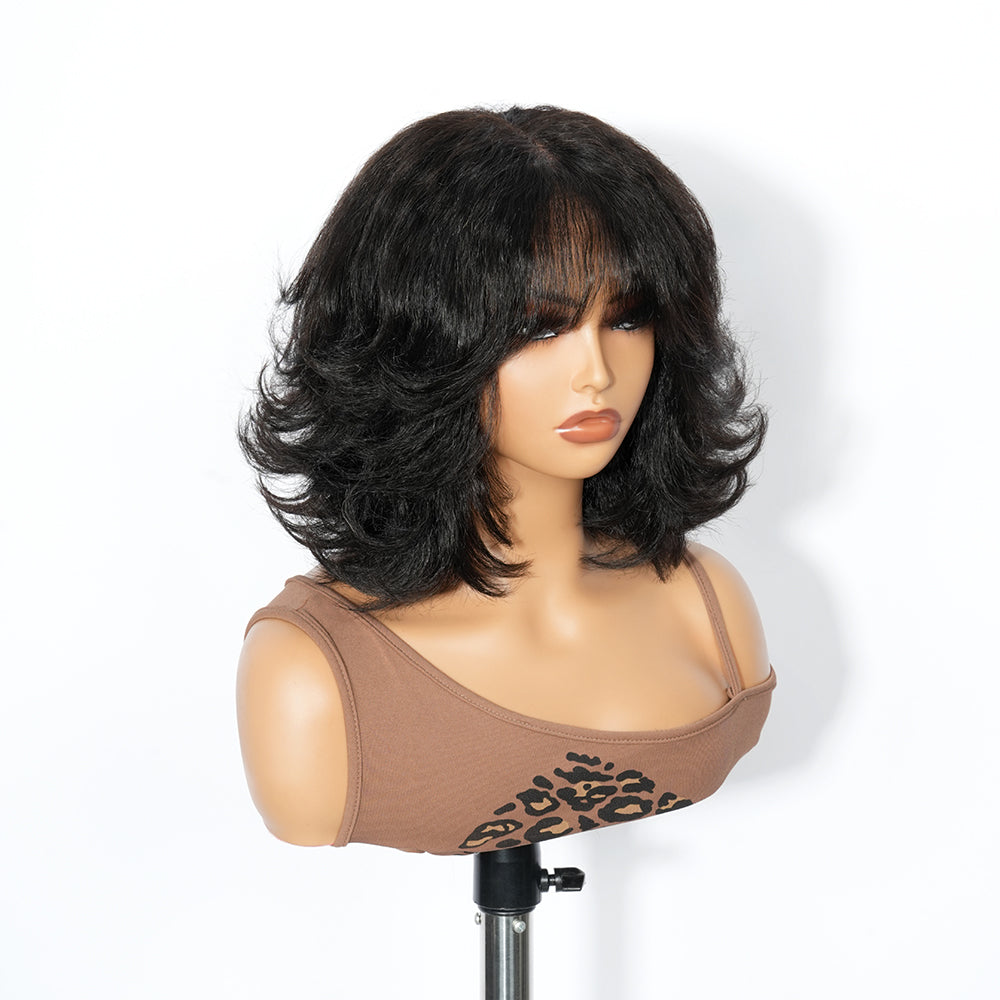 Zlike Wolf Cut Yaki Bob Wig with Wispy Bangs 100% Human Hair Lace Front Wig