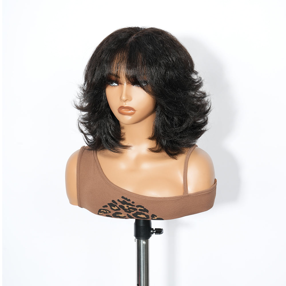 Zlike Wolf Cut Yaki Bob Wig with Wispy Bangs 100% Human Hair Lace Front Wig