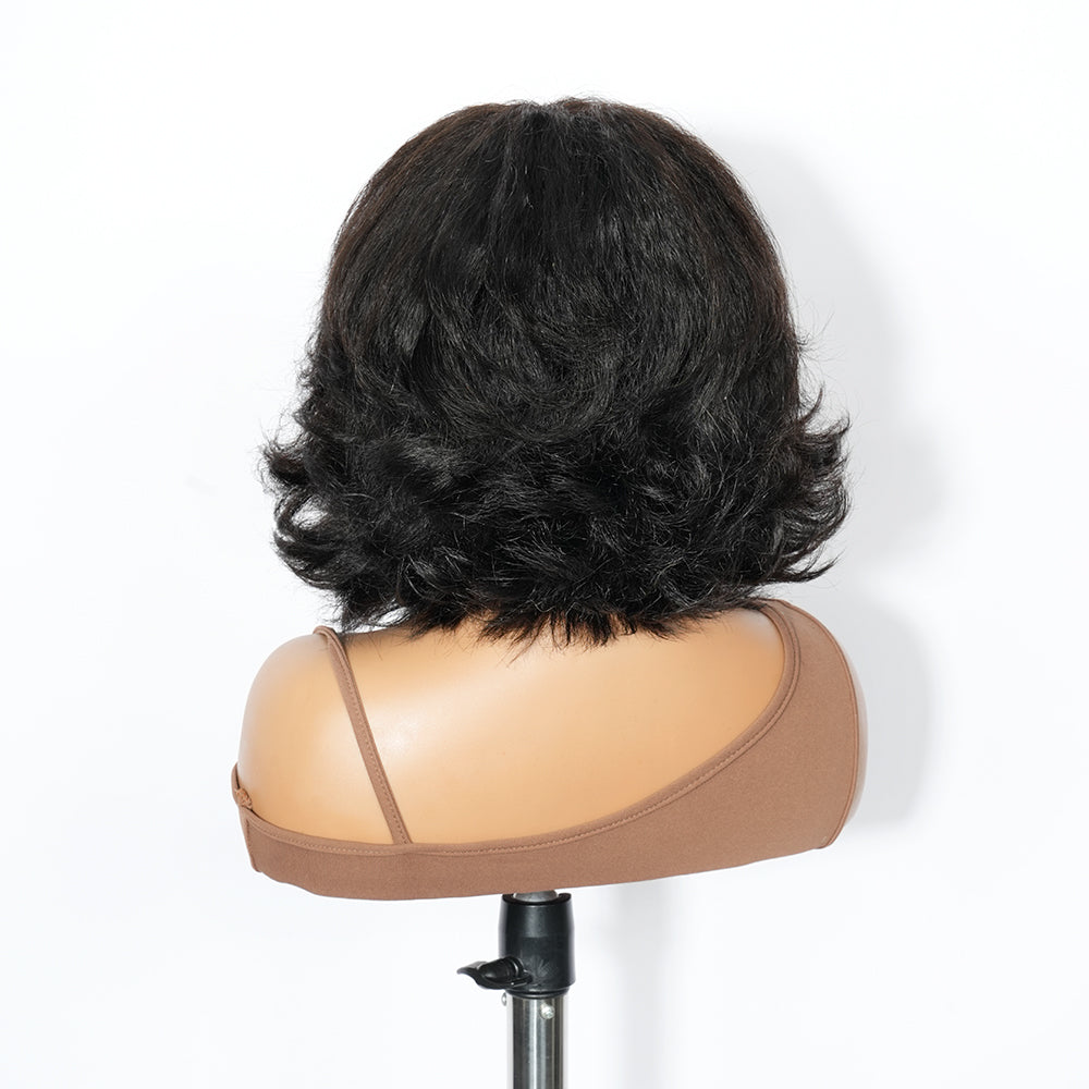 Zlike Wolf Cut Yaki Bob Wig with Wispy Bangs 100% Human Hair Lace Front Wig