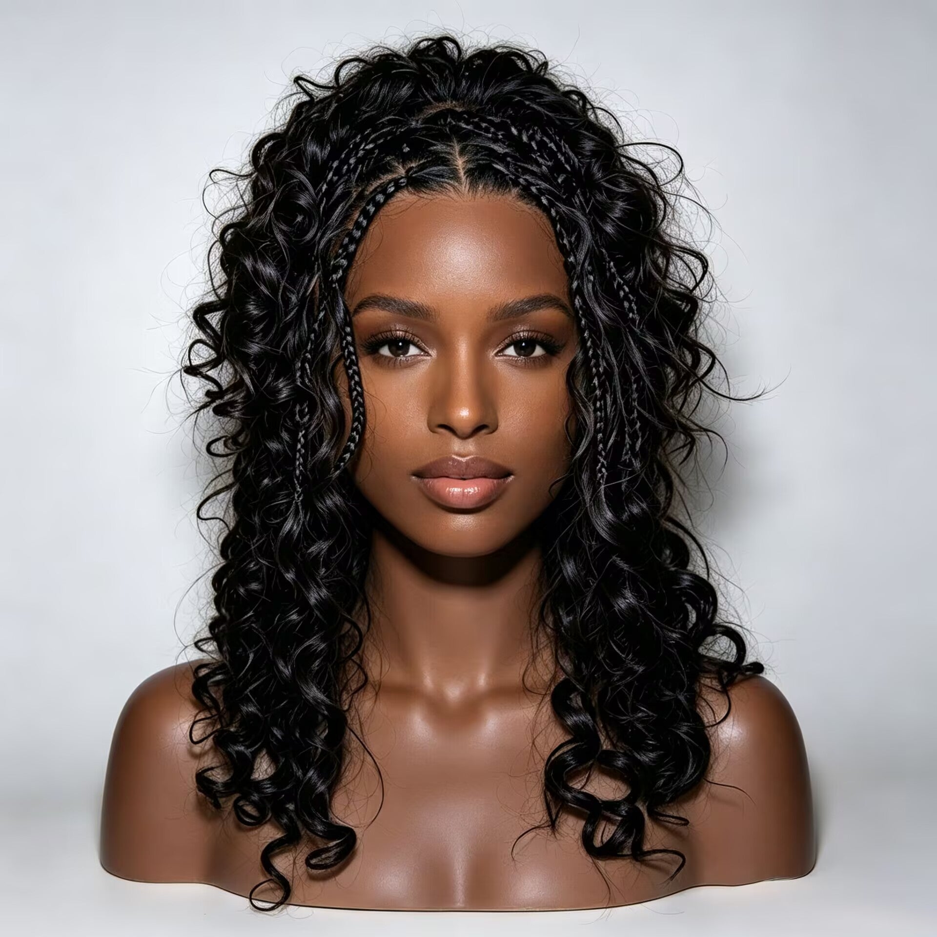 Zlike 7x5 Lace Front Boho Braids Wig with Boho Spiral Curls, Human Hair Glueless Pre Plucked Natural Black