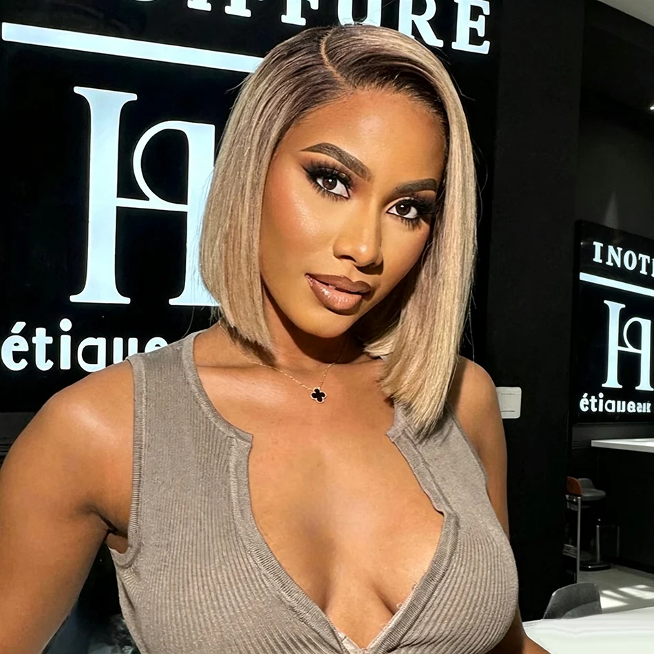 Zlike Mushroom Blonde Highlight Bob Wig With Dark Roots Glueless Lace Front Human Hair Wig Natural Looking