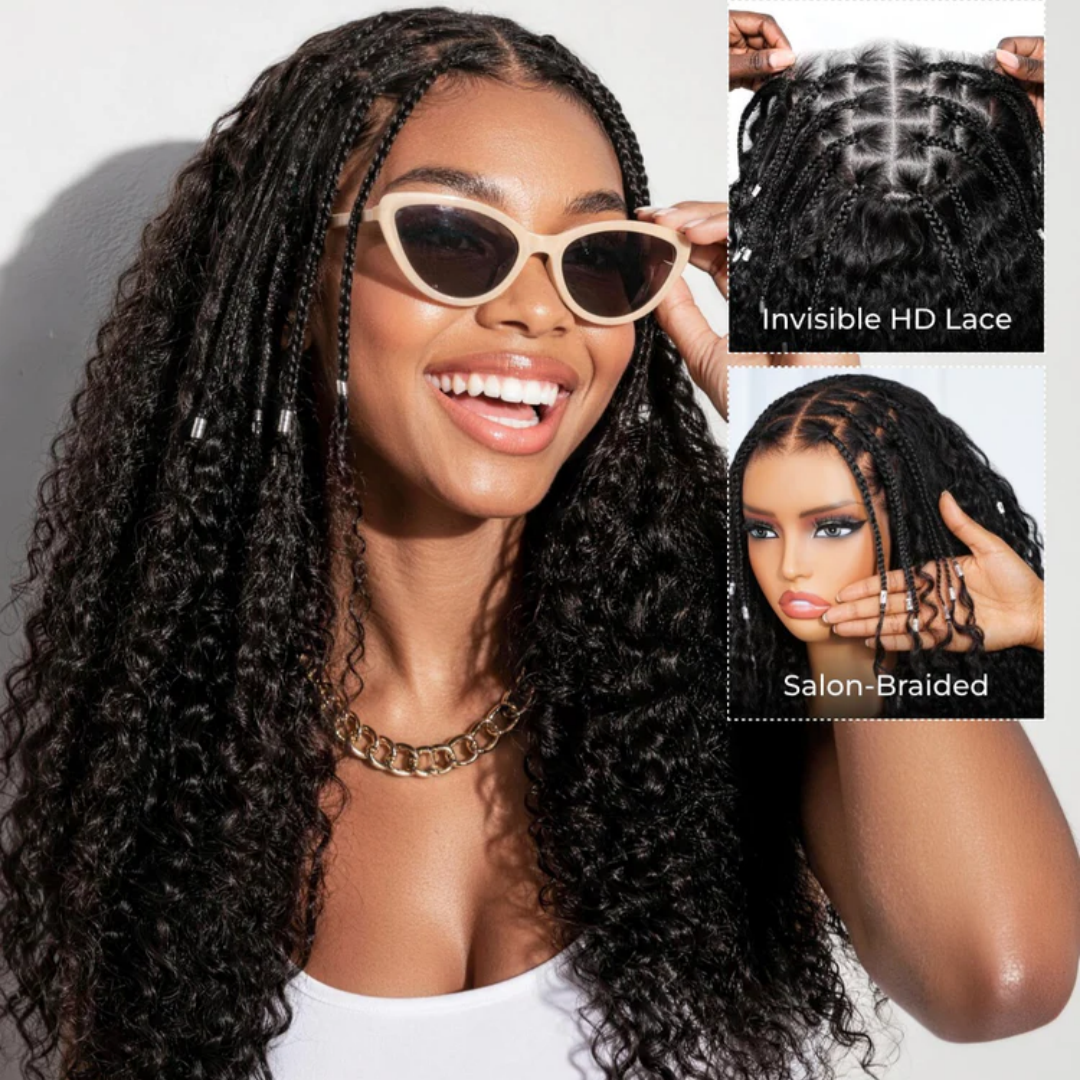 Zlike Knotless Box Braids 13x6 Lace Frontal Boho Deep Curly Glueless Wig With Drawstring Natural Black 100% Human Hair