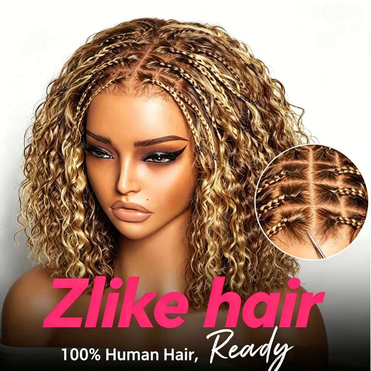 Zlike Boho Braids Blonde Highlight Water Wave Human Hair Wig 7x5 Lace Glueless Pre-Styled Wig