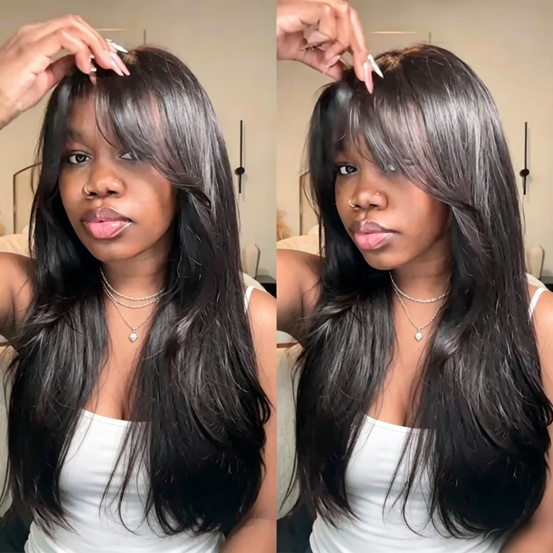 Zlike Layered Straight Curtain Bangs Glueless 13x4 Lace Frontal Wig Pre-Cut Human Hair Wig