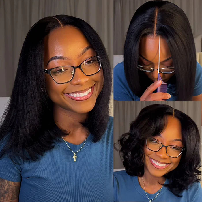 Zlike Yaki Straight Bob Pre Cut Lace Closure Wigs Human Hair Put On and Go Glueless wigs