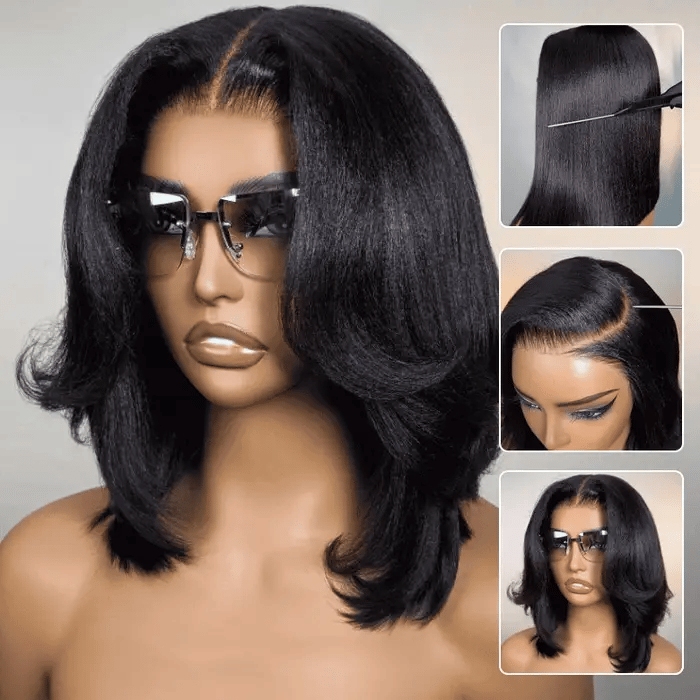 Zlike Yaki Straight Bob Pre Cut Lace Closure Wigs Human Hair Put On and Go Glueless wigs
