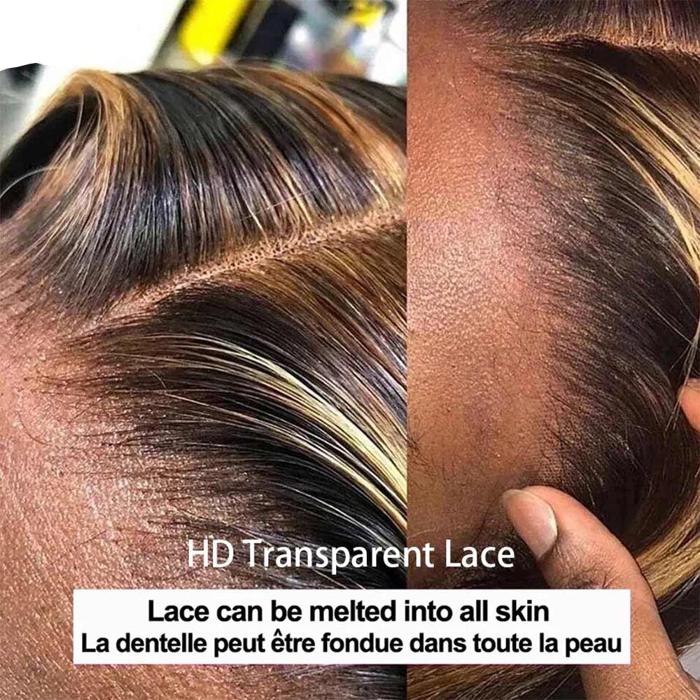 Black Roots Body Wave 4/27 Ombre Highlight Transparent 360 Lace Frontal Human Hair Wigs