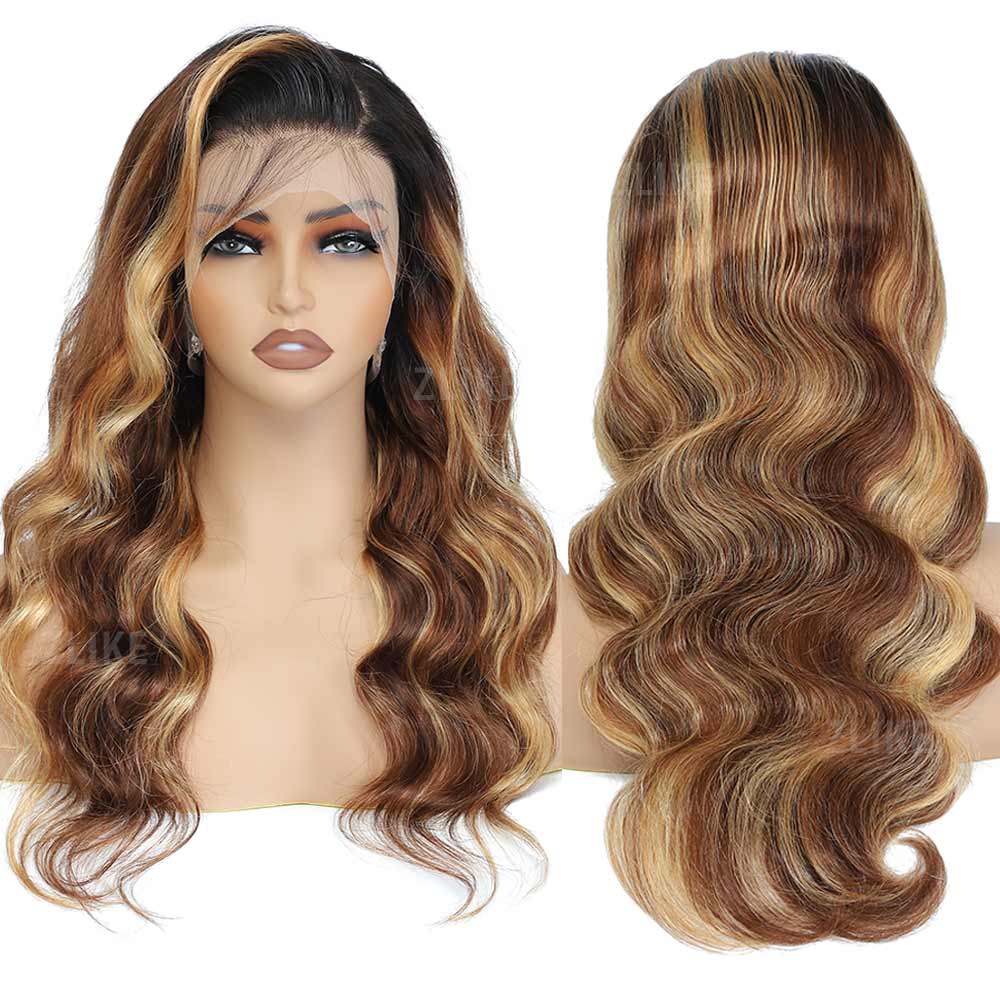 Black Roots Body Wave 4/27 Ombre Highlight Transparent Lace Frontal Human Hair Wigs