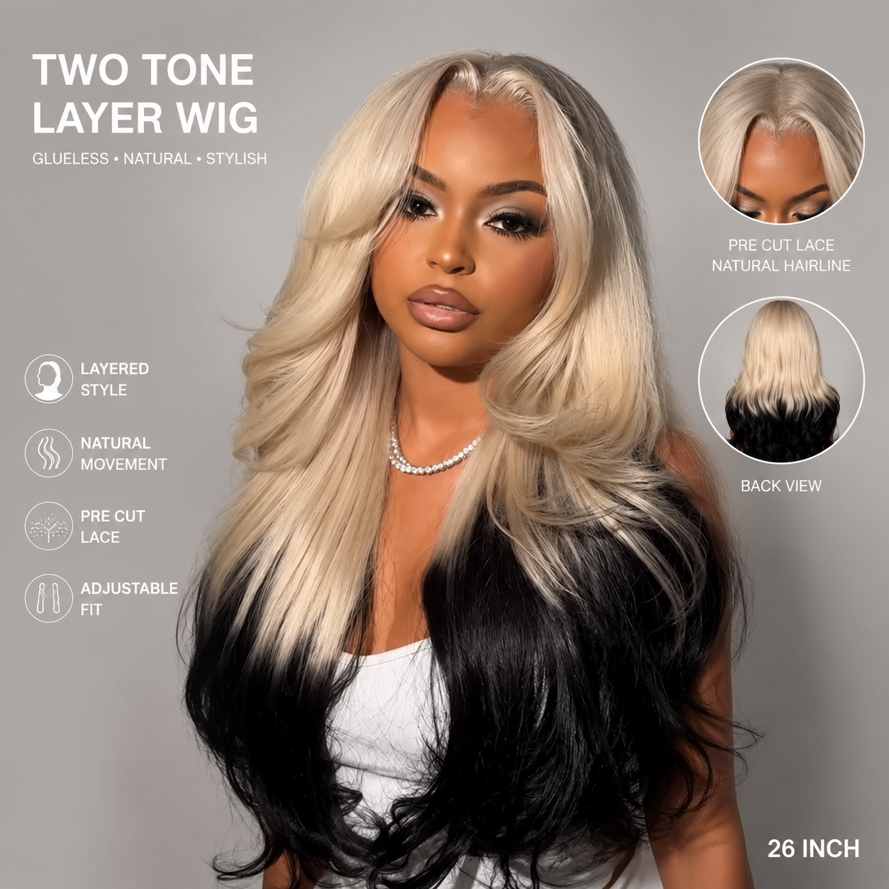 Blonde body wave lace wig with natural-looking black roots and voluminous waves