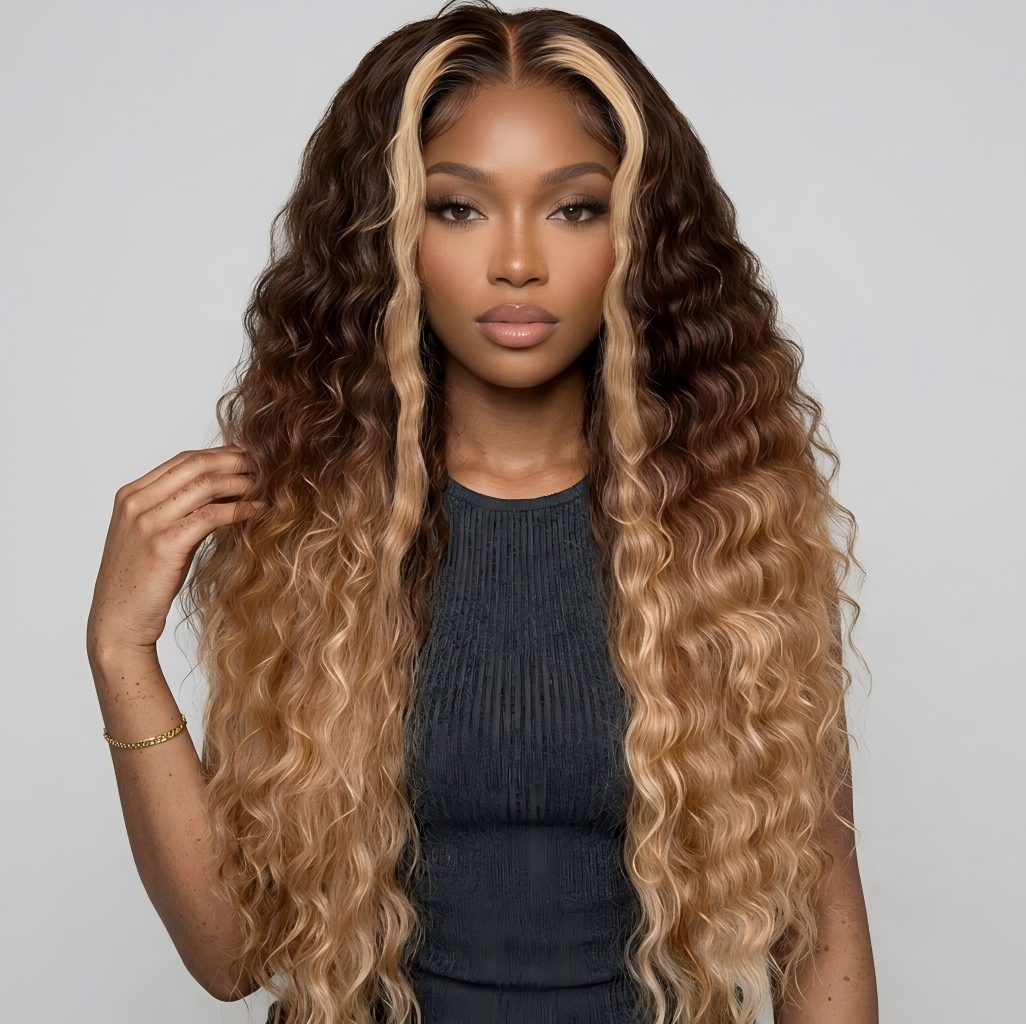 Blonde highlight loose deep wave wig with rich brown roots and full volume