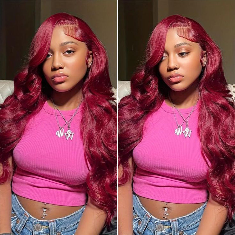 Clearance Sale | 99J Burgundy Red Colored Body Wave 100% Human Hair Transparent Lace Front Wigs
